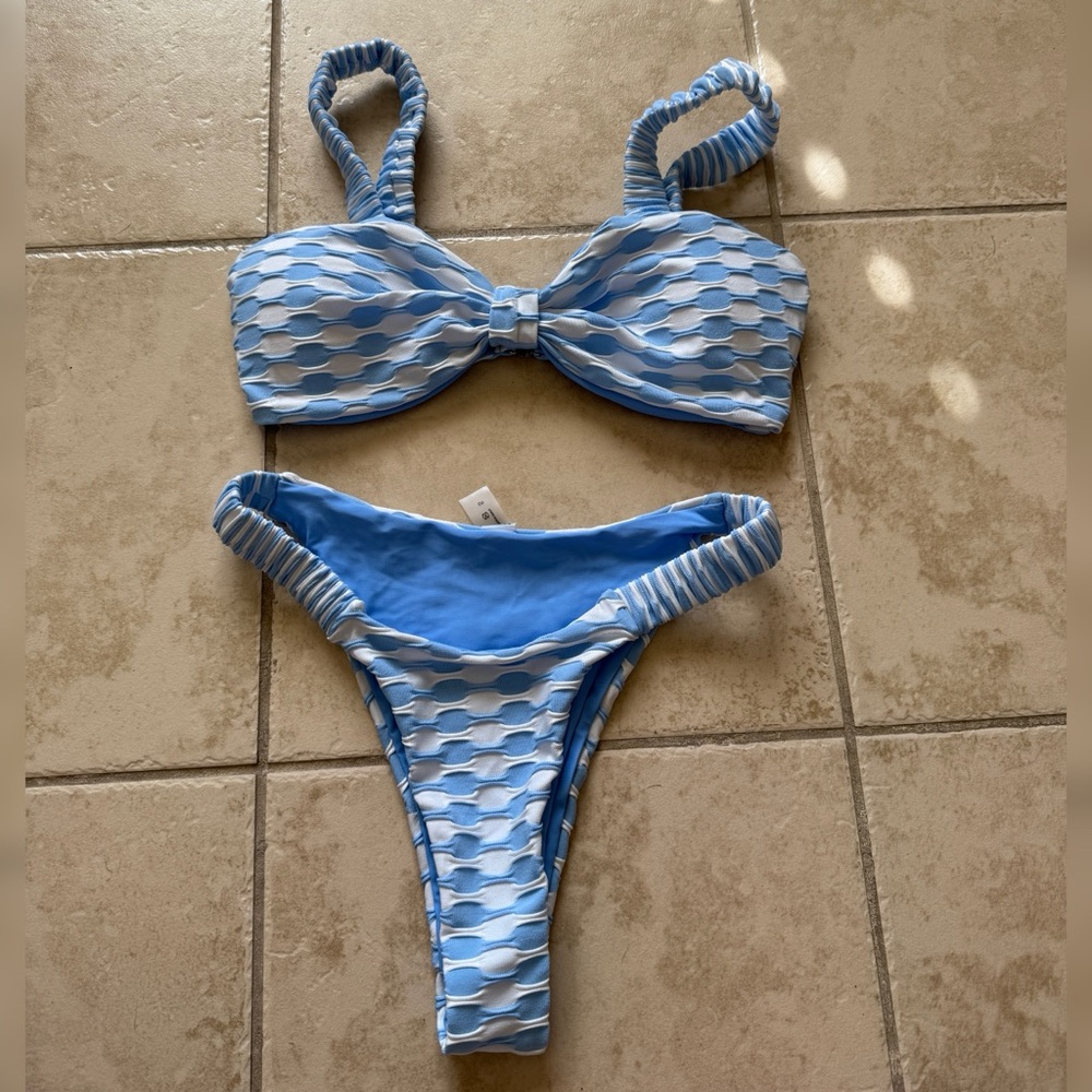 Blue Textured Bandeau Bikini Set - Women Swim Bikini
